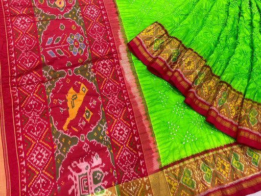 Red and parrot green patola with bandhej - SindhoiPatolaArt