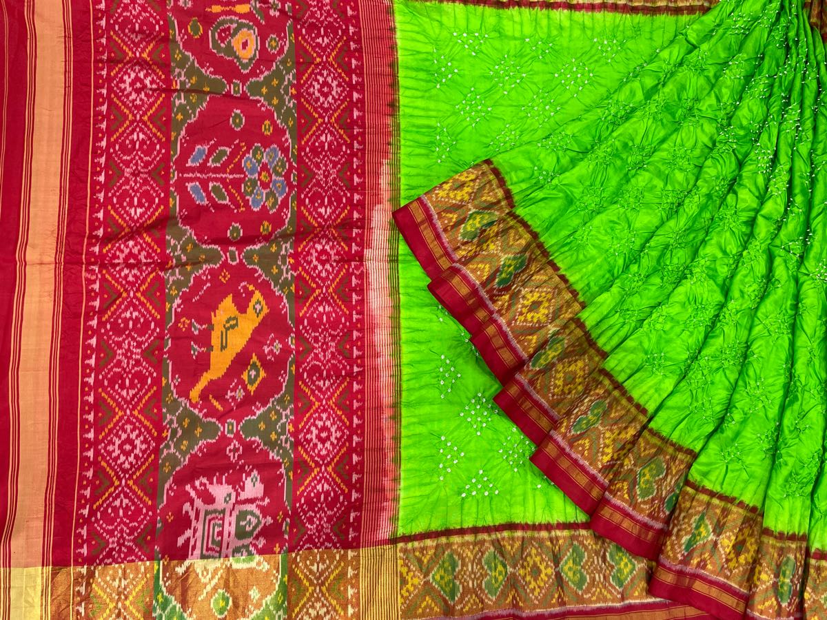 Red and parrot green patola with bandhej - SindhoiPatolaArt