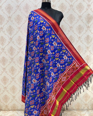 Red & Blue Leheriya Narikunj Patola Dupatta - SindhoiPatolaArt
