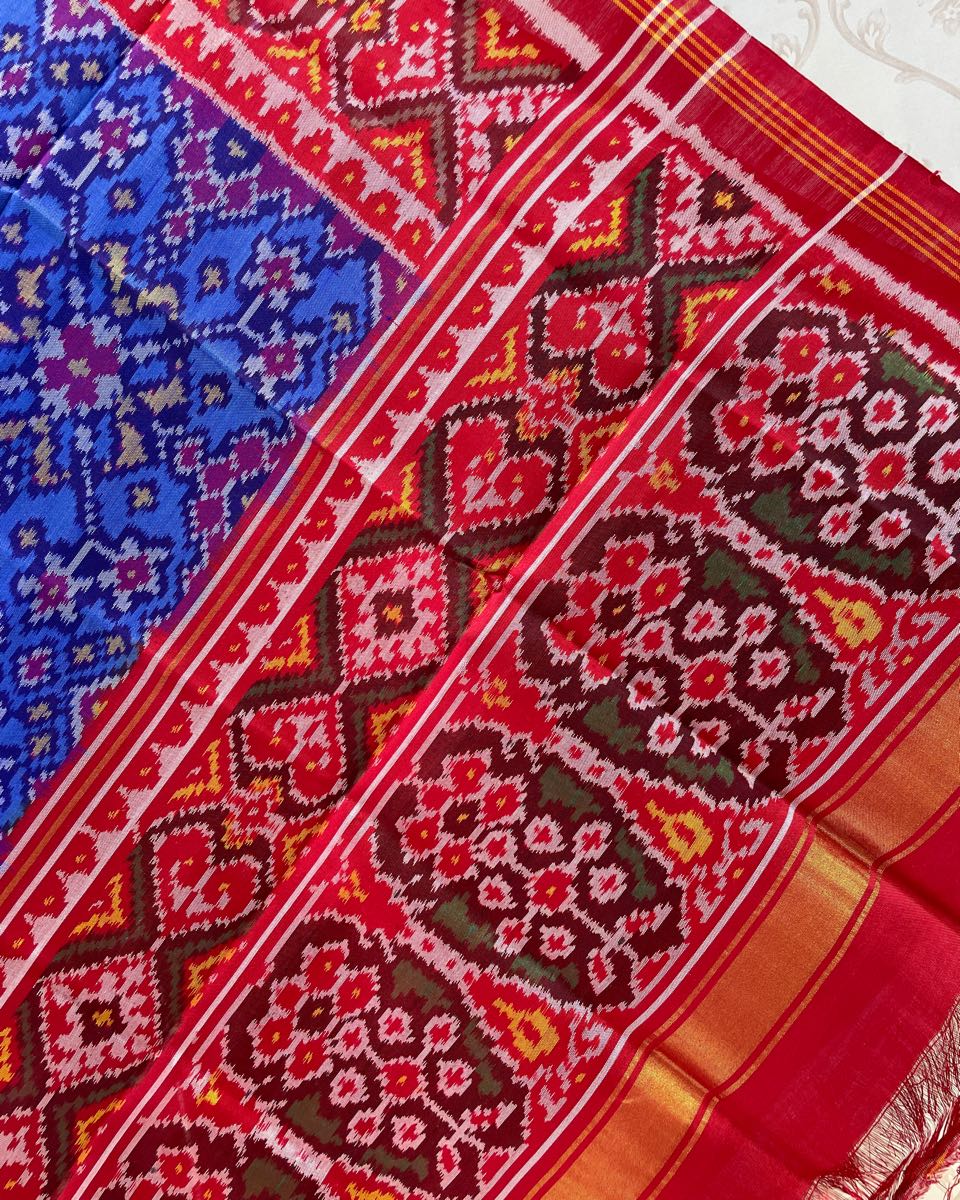 Red & Blue Navratan Patola Dupatta - SindhoiPatolaArt