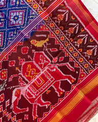Red & Blue Panchanda Patola Dupatta - SindhoiPatolaArt