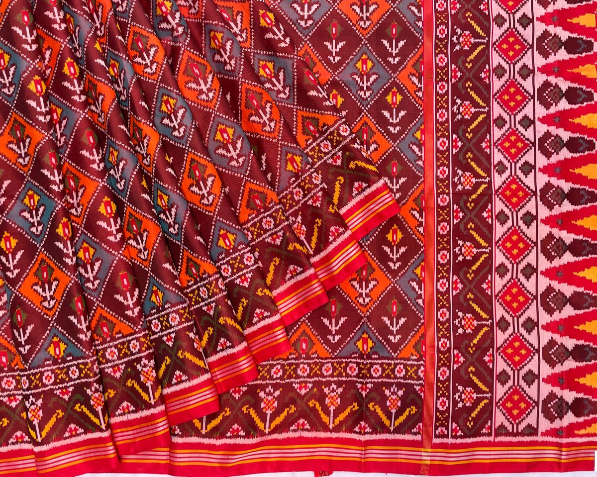 Red Flower Designer Patola - SindhoiPatolaArt