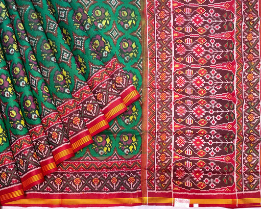 Red & Green Flower Designer Patola Saree - SindhoiPatolaArt