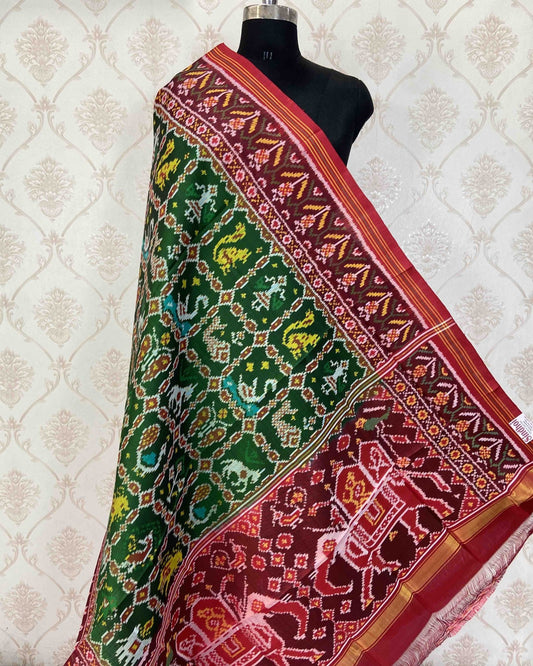 Red & Green Narikunj With Elephant Pallu Designer Patola Dupatta - SindhoiPatolaArt