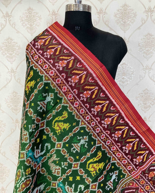 Red & Green Narikunj With Elephant Pallu Designer Patola Dupatta - SindhoiPatolaArt