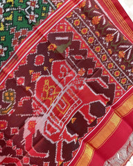 Red & Green Navratan With Elephant Pallu Designer Patola Dupatta - SindhoiPatolaArt