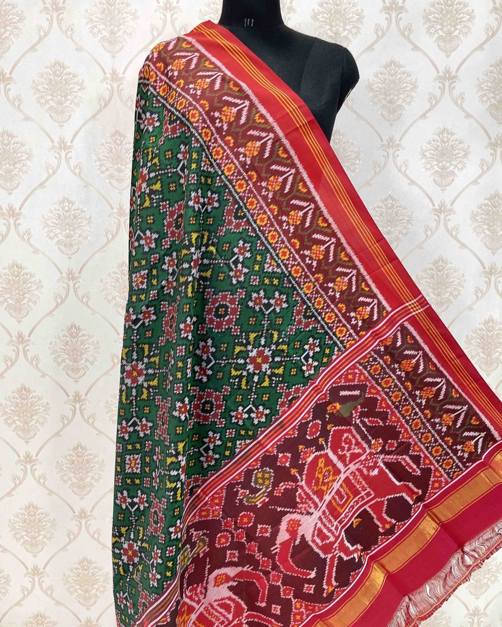 Red & Green Navratan With Elephant Pallu Designer Patola Dupatta - SindhoiPatolaArt