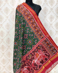 Red & Green Navratan With Elephant Pallu Designer Patola Dupatta - SindhoiPatolaArt