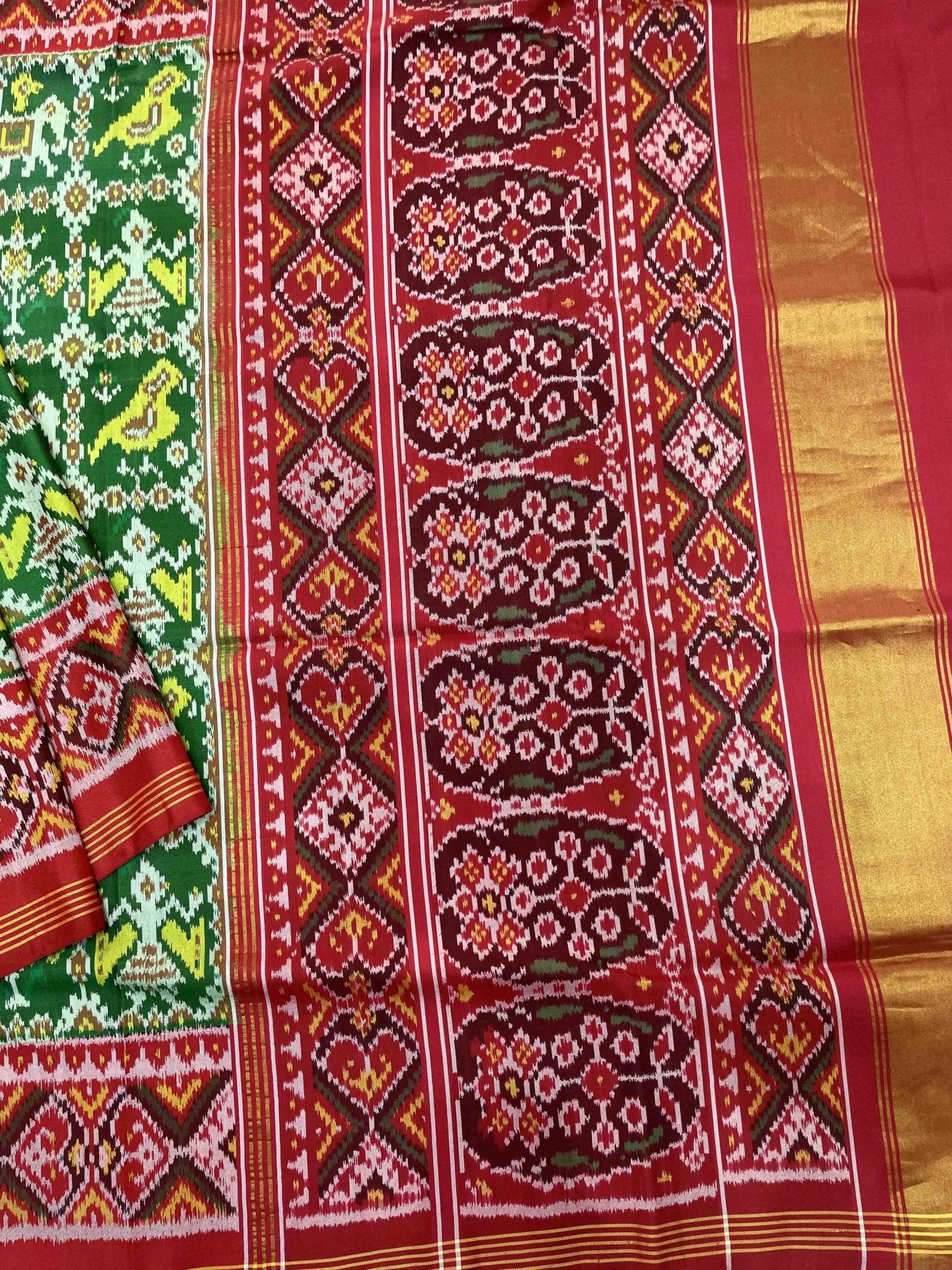 Red & Light Green Narikunj Designer Patola Saree - SindhoiPatolaArt