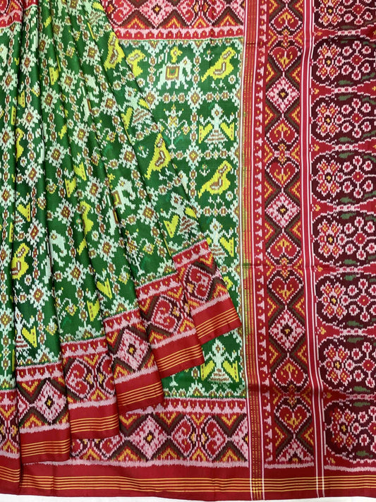 Red & Light Green Narikunj Designer Patola Saree - SindhoiPatolaArt