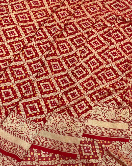 Red Mysore Georgette Bandhani Saree - SindhoiPatolaArt