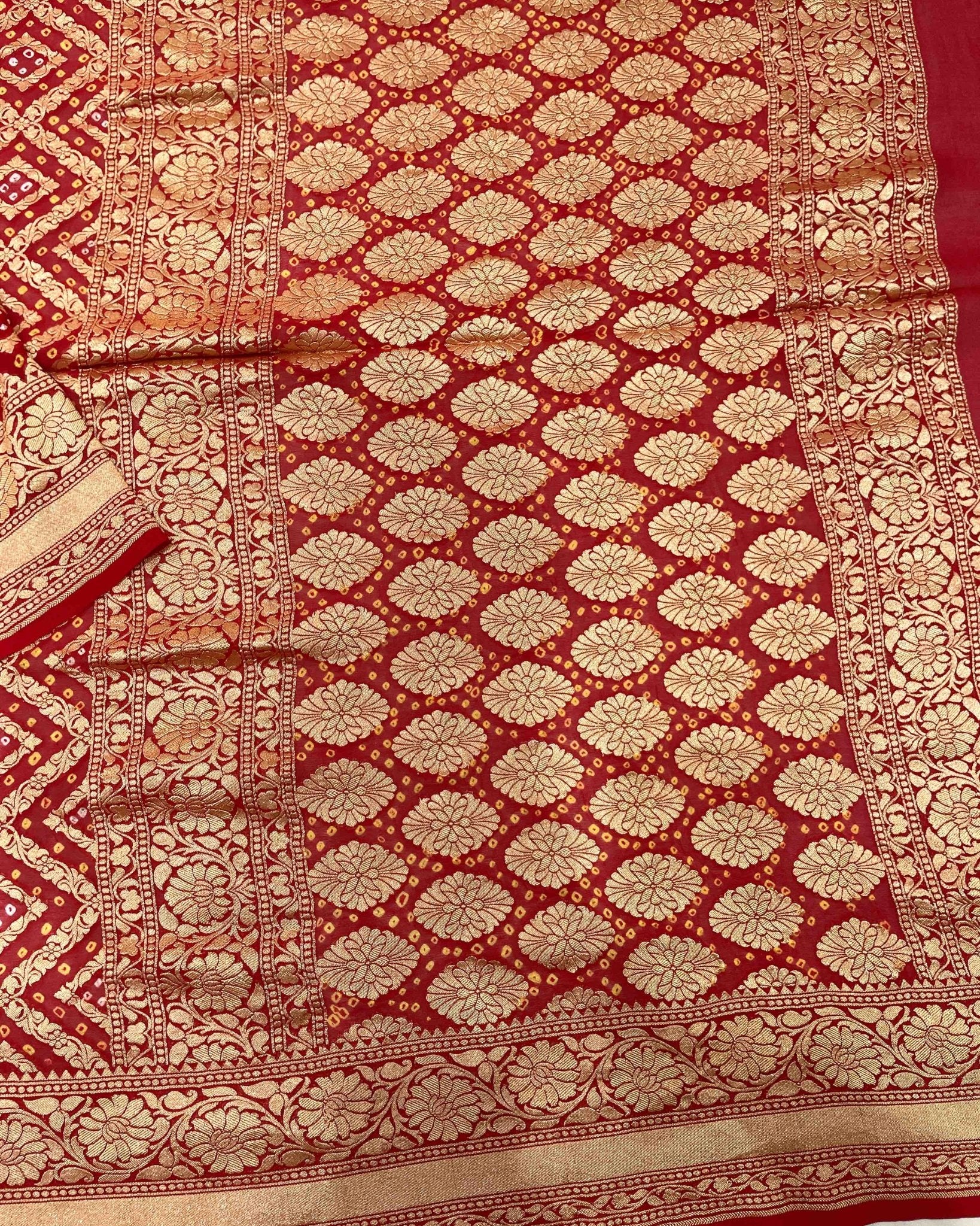 Red Mysore Georgette Bandhani Saree - SindhoiPatolaArt