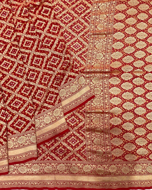 Red Mysore Georgette Bandhani Saree - SindhoiPatolaArt