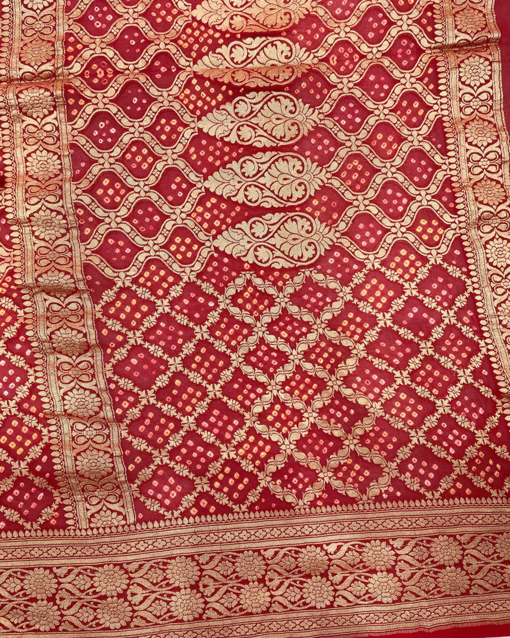 Red & Orange Banarasi Georgette Bandhani Saree - SindhoiPatolaArt