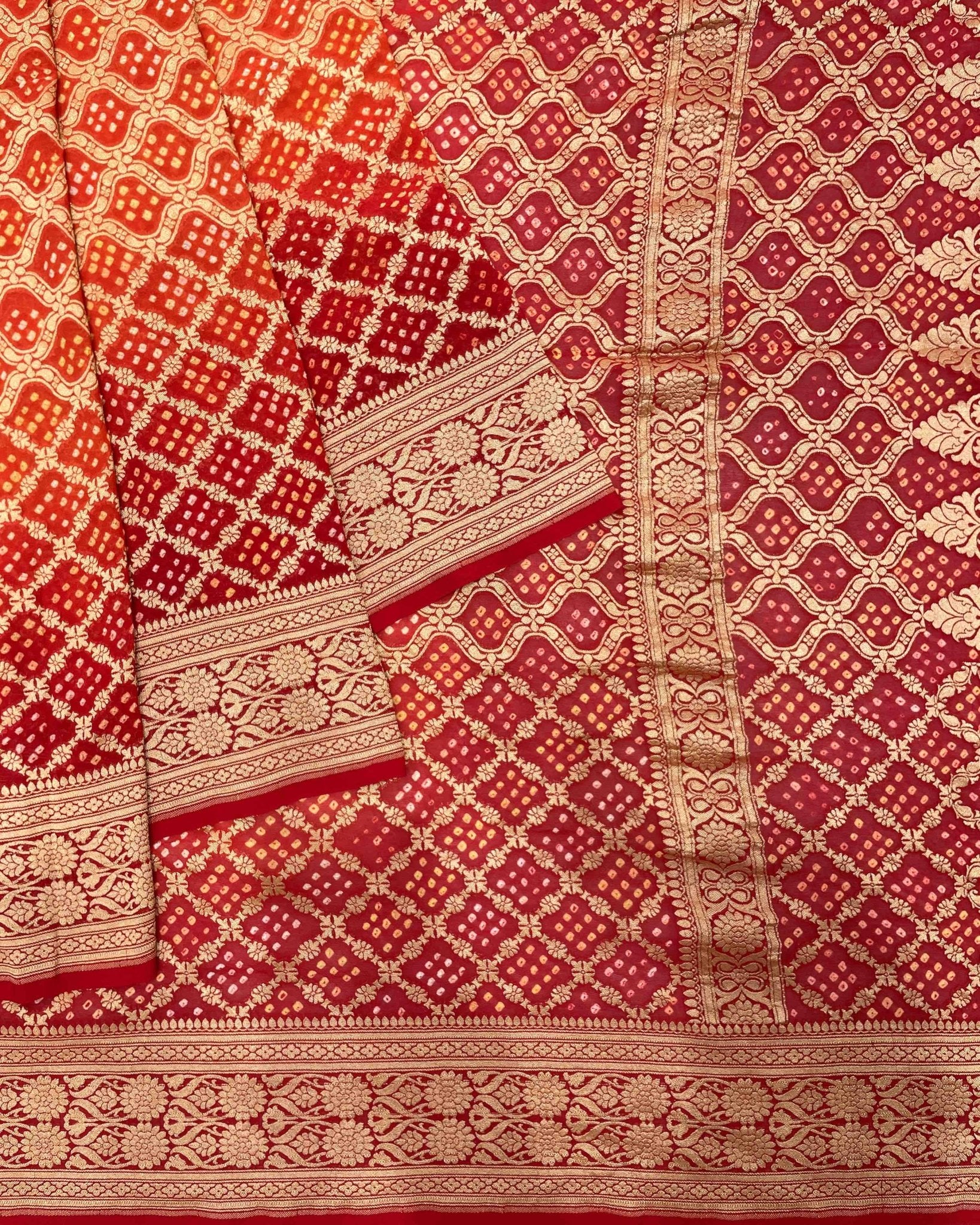 Red & Orange Banarasi Georgette Bandhani Saree - SindhoiPatolaArt