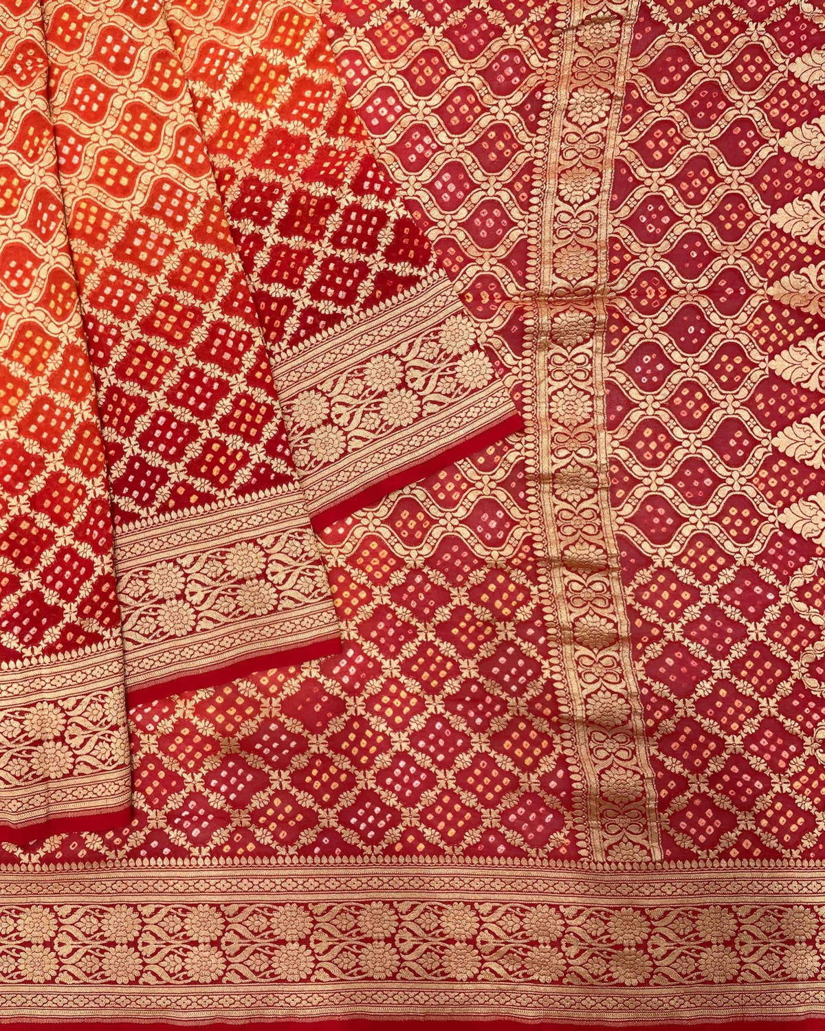 Red & Orange Banarasi Georgette Bandhani Saree - SindhoiPatolaArt