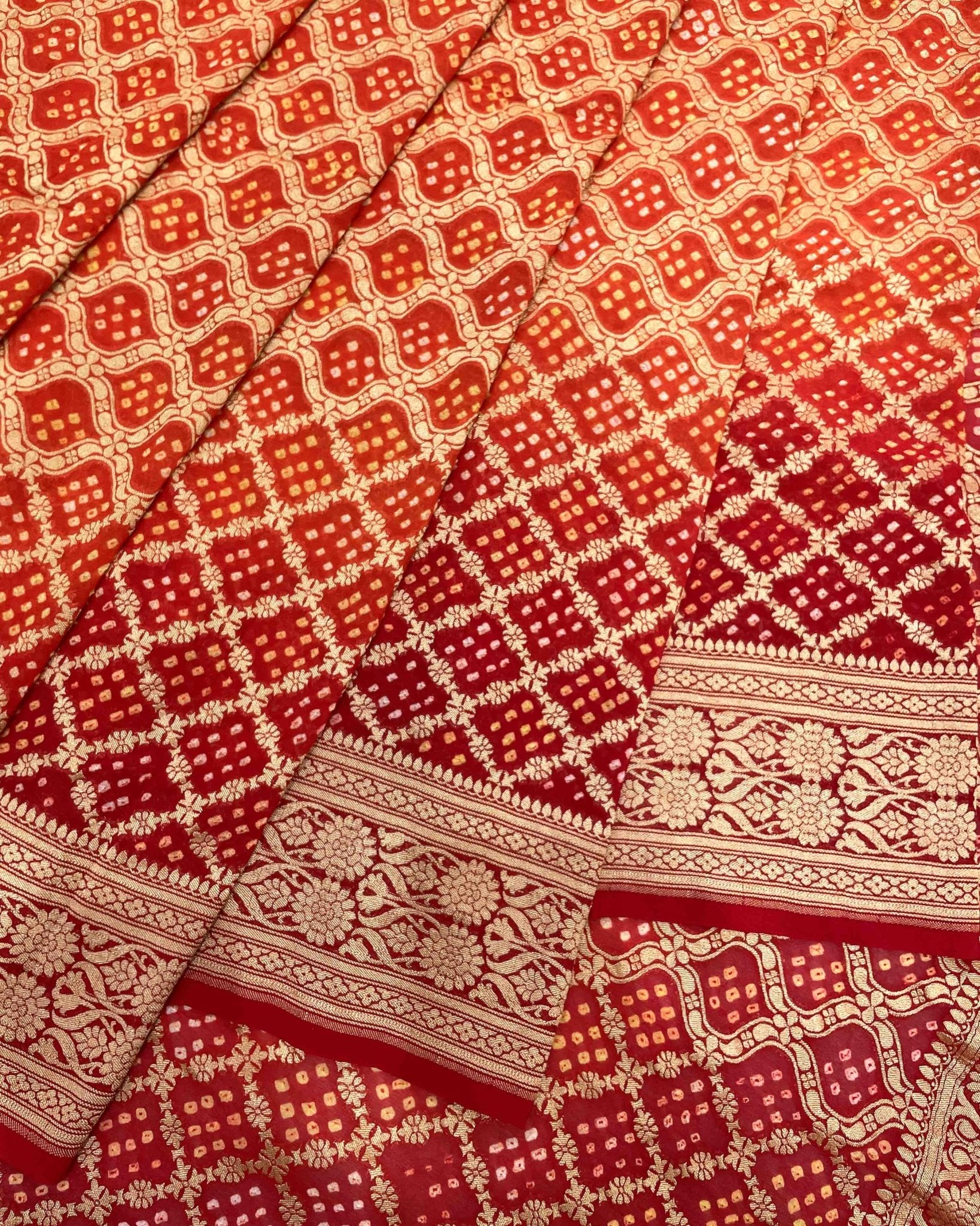Red & Orange Banarasi Georgette Bandhani Saree - SindhoiPatolaArt