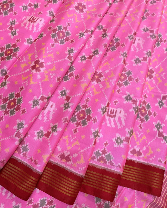 Red & Pink Navratan Elephant Designer Patola Saree - SindhoiPatolaArt