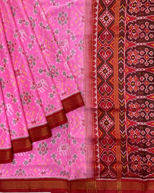 Red & Pink Navratan Elephant Designer Patola Saree - SindhoiPatolaArt