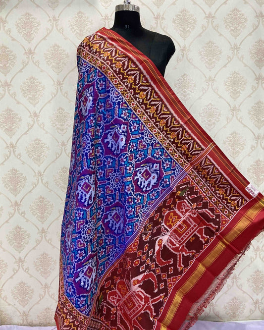 Red & Turquoise Elephant Manekchowk Designer Patola Dupatta - SindhoiPatolaArt