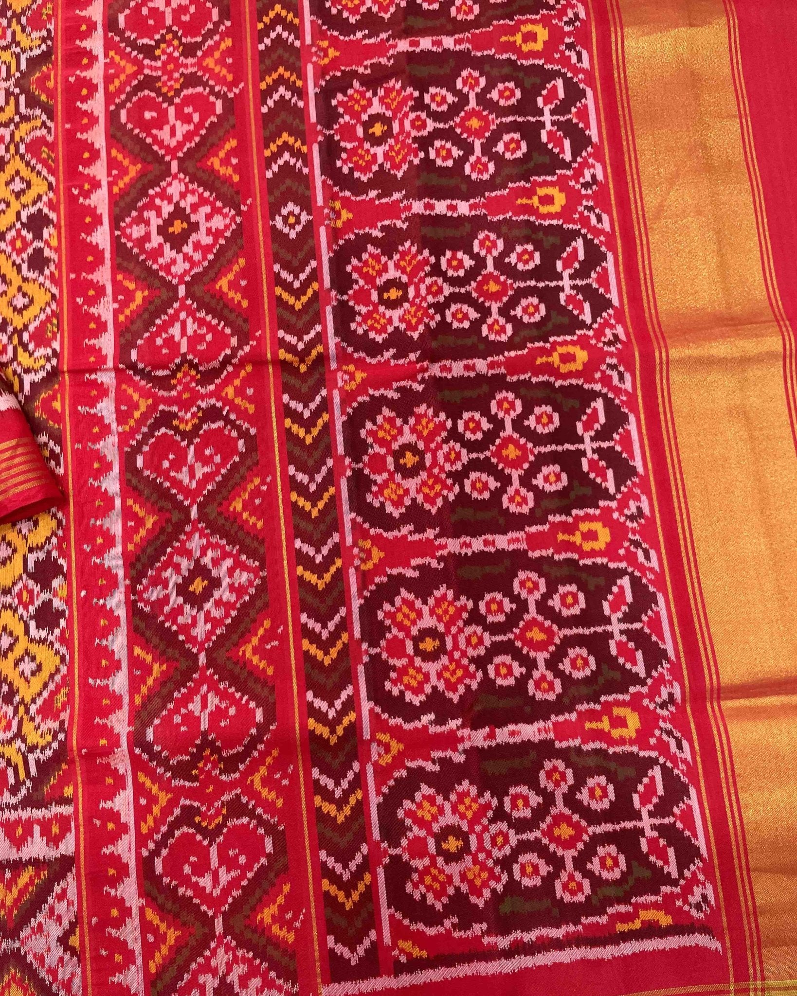 Red & Yellow Manekchowk Designer Patola Saree - SindhoiPatolaArt