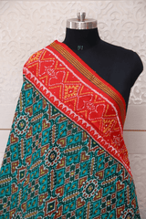 Semi double ikat dupatta in Green and Red colour with traditional Manekchowk design - SindhoiPatolaArt