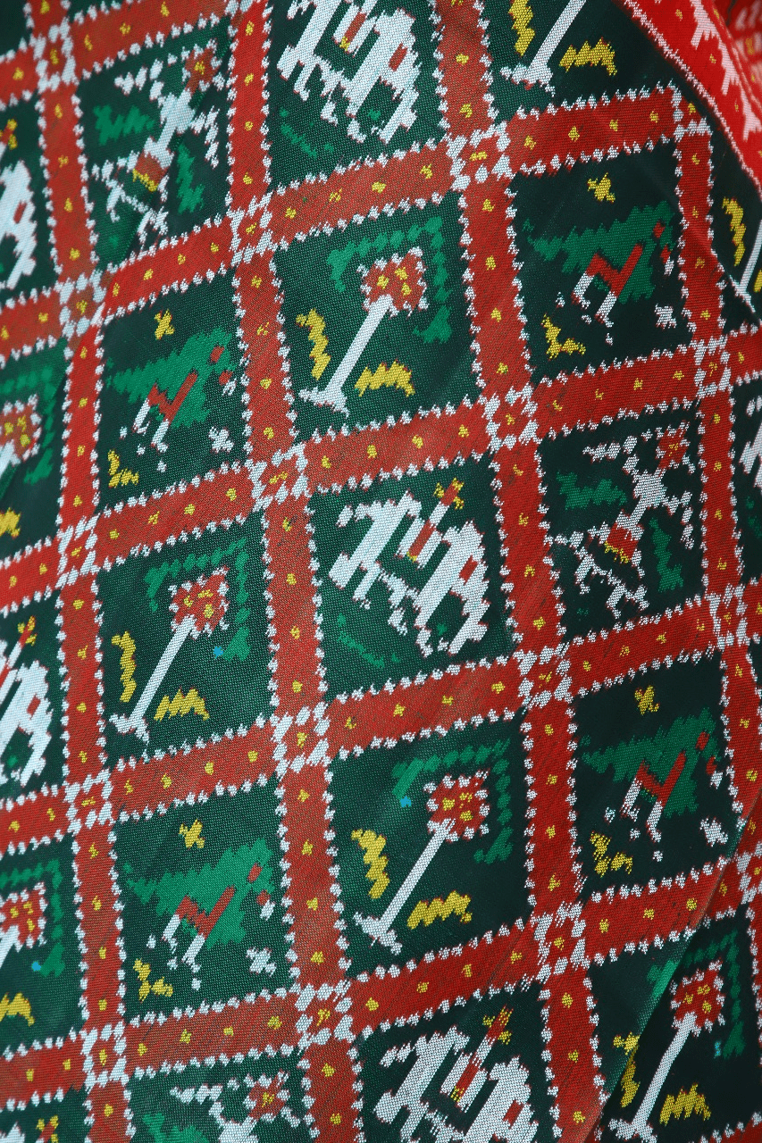 Semi double ikat dupatta in traditiona Hathi Popat design in Green and Red colour - SindhoiPatolaArt