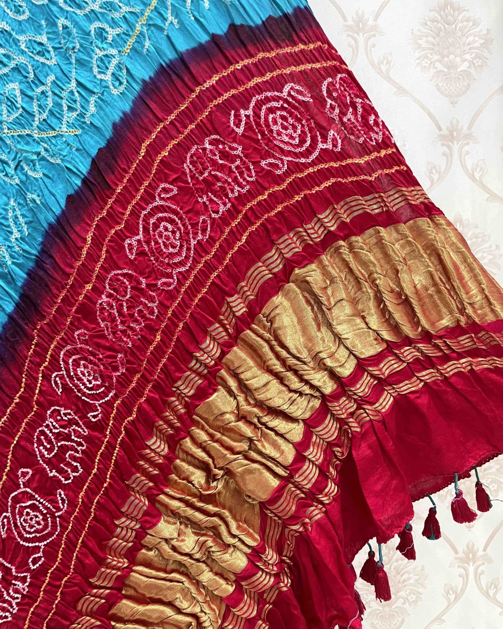 Sky Blue & Red Bandhani Dupatta - SindhoiPatolaArt